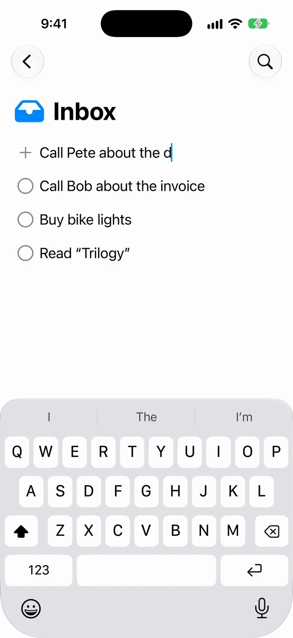 Capturing “Call Pete about the drill” into the Inbox on iPhone