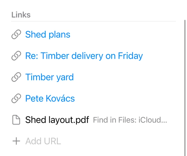 A project's links on iPhone: a web page, a Mail message, a Maps place, a contact and a file