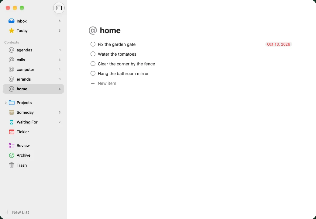 Zyz on Mac: the home context, with the other contexts in the sidebar