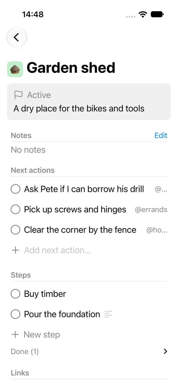 A project on iPhone: its outcome, next actions in their contexts, and steps