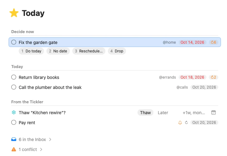 Today on the Mac: an item carried six days, with Do today, No date, Reschedule and Drop